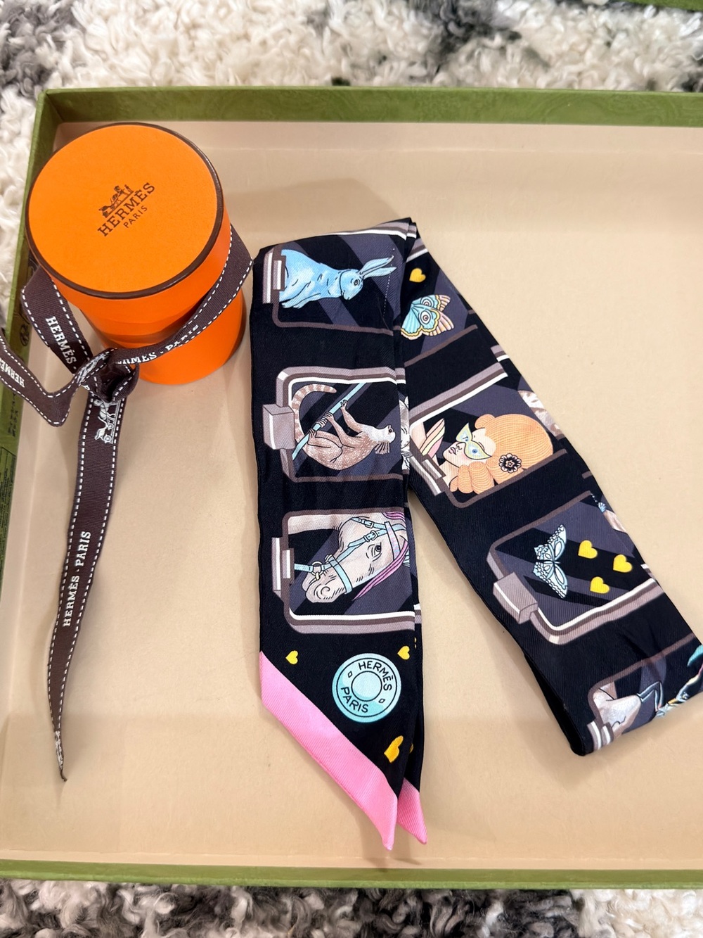 Hermes Black & Pink Printed Twilly with Figurative Motif